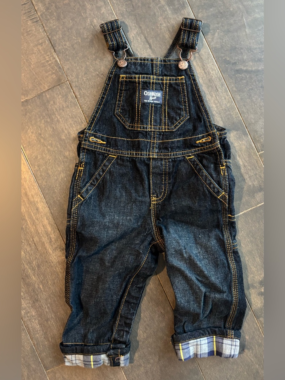 OshKosh B'gosh Indigo Denim Overalls with Yellow Stitching 12 Month